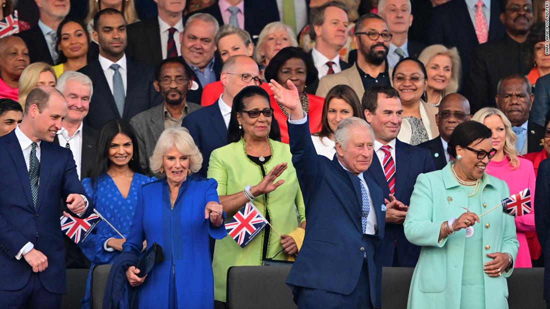 From left, Prince William, Queen Camilla, King Charles and Baroness Patricia Scotland attend the concert.