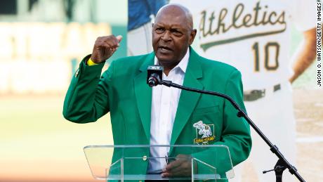 Former pitcher Vida Blue of the Oakland Athletics stands on the field during the team&#39;s 2019 Hall of Fame ceremony.