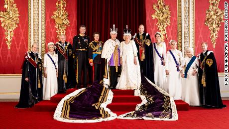 In this photo made available by Buckingham Palace on Monday, May 8, 2023, Britain&#39;s King Charles III and Queen Camilla are pictured with members of the working royal family, from left  Prince Edward, the Duke of Kent, Birgitte, Duchess of Gloucester, Prince Richard, the Duke of Gloucester, Vice Admiral Sir Tim Laurence, Princess Anne, Prince William, the Prince of Wales,  Kate, the Princess of Wales, Sophie, the Duchess of Edinburgh, Princess Alexandra, the Hon. Lady Ogilvy and Prince Edward, the Duke of Edinburgh,  in the Throne Room at Buckingham Palace, London. 