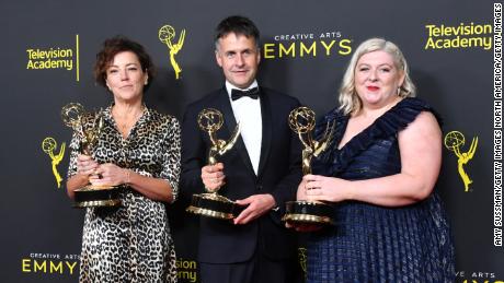 Nina Gold, Robert Sterne and Carla Stronge pose with their Emmys for Outstanding Casting for a Drama Series Award for &quot;Game of Thrones&quot; in 2019. Gold has won five Emmys and a BAFTA, but the Academy has yet to recognize the craft of casting with an award. 
