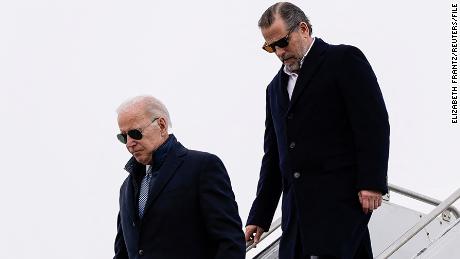 President Joe Biden and his son Hunter disembark from Air Force One at Hancock Field Air National Guard Base in Syracuse, New York, on February 4, 2023. 