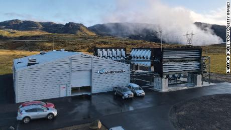 Climeworks&#39; direct air capture plant in Iceland. Fans draw in ambient air to extract the carbon dioxide. 