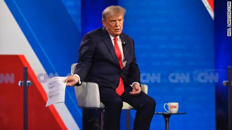 Former President Donald Trump participates in a CNN Republican Town Hall moderated by CNN&#39;s Kaitlan Collins at St. Anselm College in Goffstown, New Hampshire, on Wednesday, May 10, 2023.