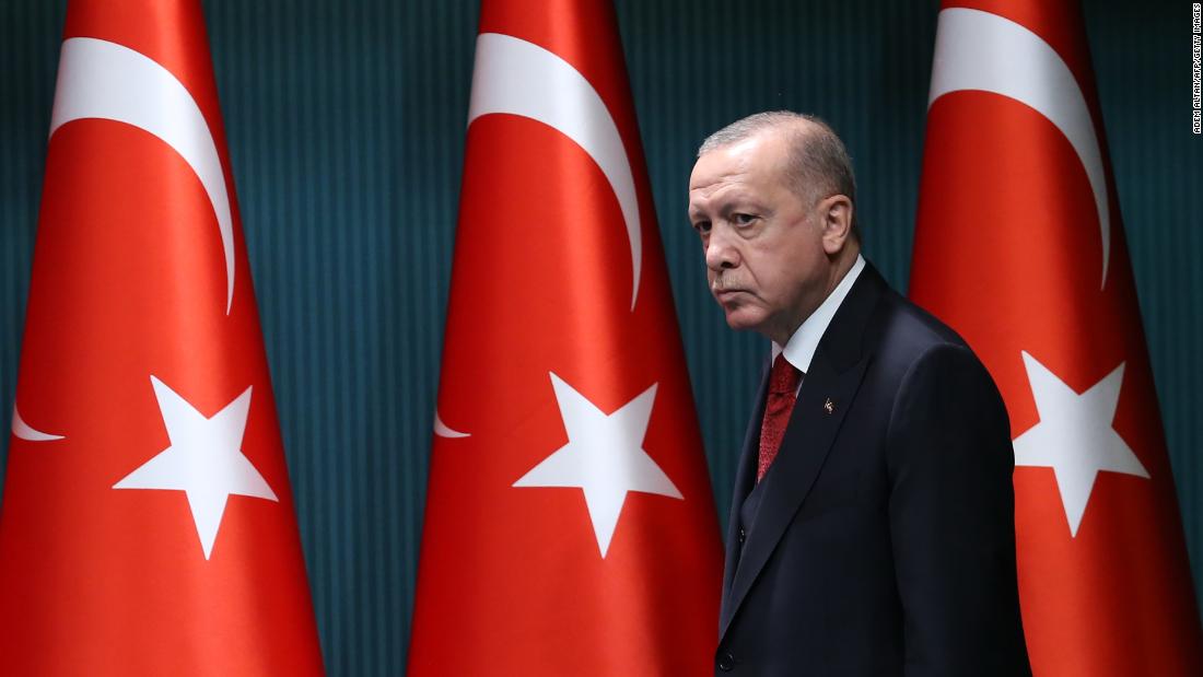 Turkish President Recep Tayyip Erdogan arrives at a news conference in Ankara in 2020.