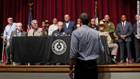 Texas Democratic gubernatorial candidate Beto O&#39;Rourke disrupts a press conference held by Governor Greg Abbott the day after a gunman killed 19 children and two teachers at Robb Elementary School in Uvalde, Texas, U.S. May 25, 2022.