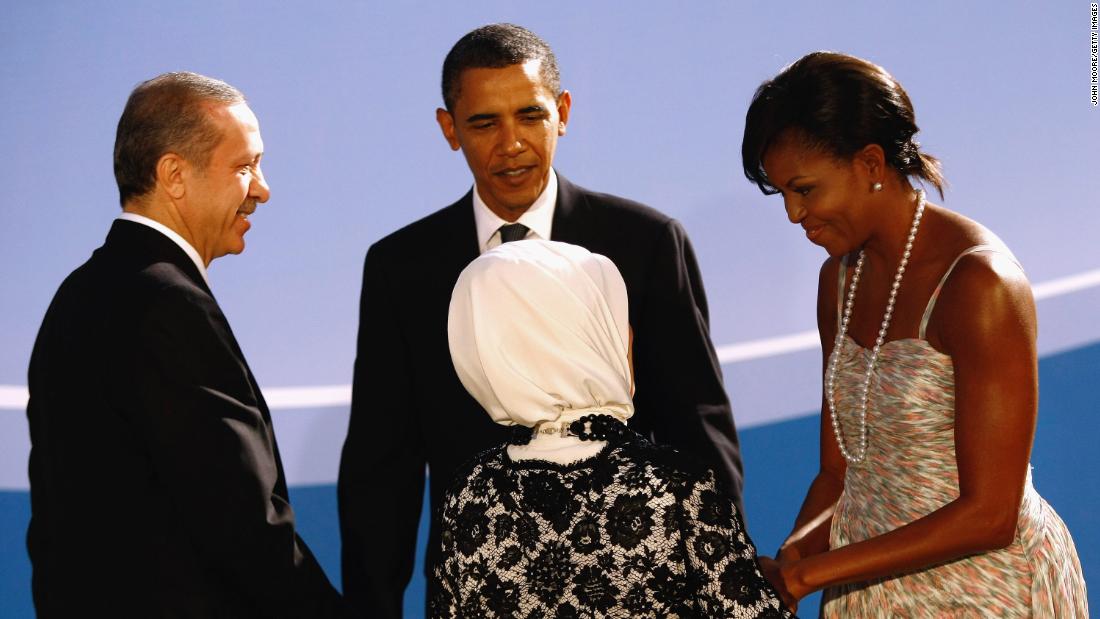 Erdogan and his wife, Emine, greet US President Barack Obama and first lady Michelle Obama at the G-20 Summit in Pittsburgh in 2009.
