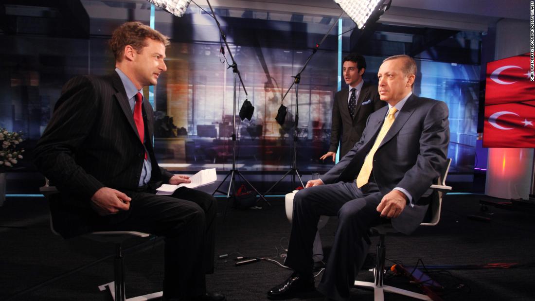 Erdogan prepares for a television interview in London in March 2011.
