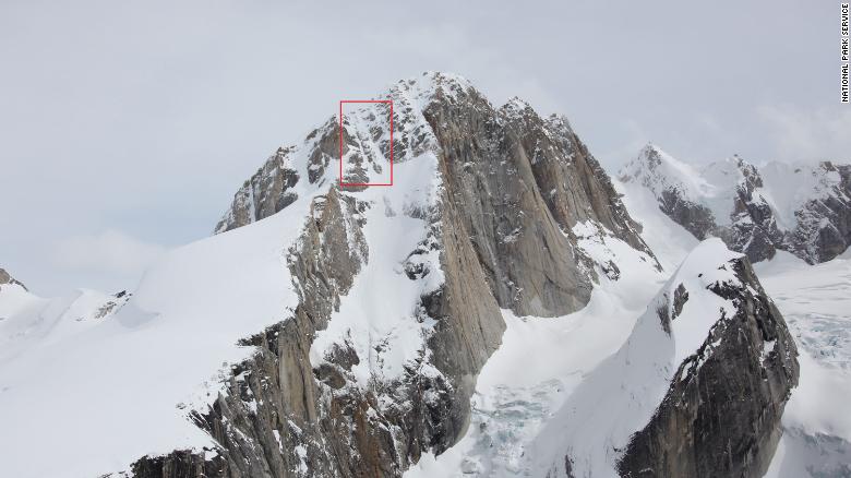 West Ridge of the Moose&#39;s Tooth, Denali National Park and Preserve. The red box, added by the National Park Service, indicates the vicinity of the boot tracks that lead into a small avalanche area.