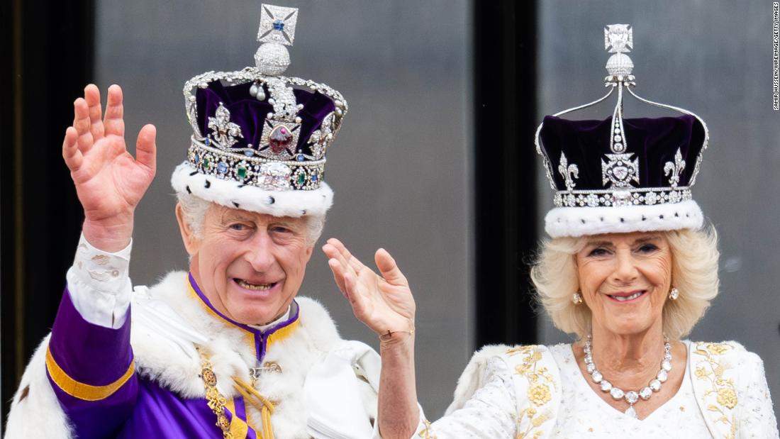 Britain&#39;s King Charles III and Queen Camilla wave from the balcony of Buckingham Palace after their &lt;a href=&quot;http://www.cnn.com/2023/05/06/uk/gallery/coronation-king-charles/index.html&quot; target=&quot;_blank&quot;&gt;coronation ceremony&lt;/a&gt; in May 2023.