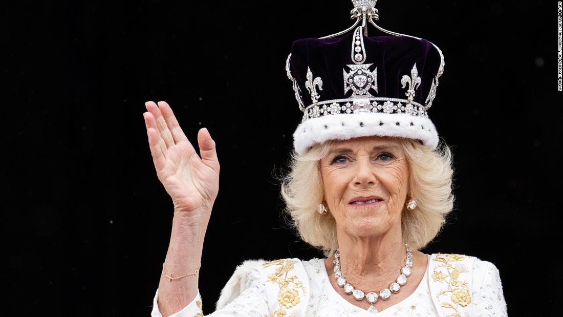 Britain&#39;s Queen Camilla waves from the balcony of Buckingham Palace after a &lt;a href=&quot;http://www.cnn.com/2023/05/06/uk/gallery/coronation-king-charles/index.html&quot; target=&quot;_blank&quot;&gt;coronation ceremony&lt;/a&gt; in May 2023.