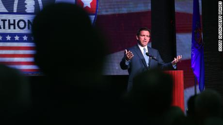 Florida Gov. Ron DeSantis speaks to guests at the Republican Party of Marathon County Lincoln Day Dinner annual fundraiser on May 6, 2023, in Rothschild, Wisconsin. 