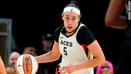 Dearica Hamby (5) dribbles up court for the Aces during a WNBA basketball game against the Phoenix Mercury, on May 6, 2022, in Phoenix. 