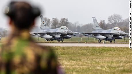F-16 fighter jets during the NATO international air force exercise Frisian Flag, at Leeuwarden Air Base, Netherlands, on March 28, 2022.