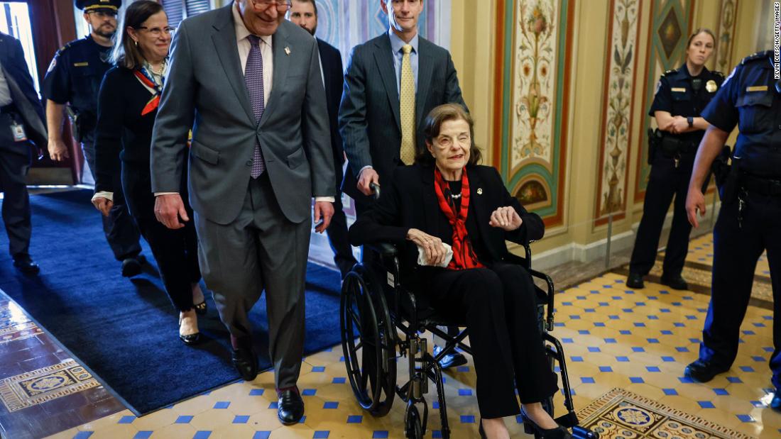Senate Majority Leader Chuck Schumer escorts Feinstein as she arrives at the Capitol following a long absence due to health issues in 2023.