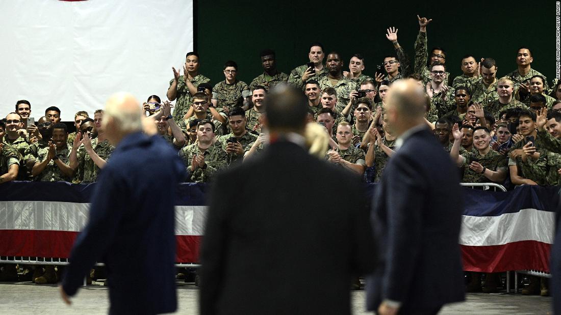 Biden greets US soldiers at the US Marine Corps base in Iwakuni, Japan, on May 18.