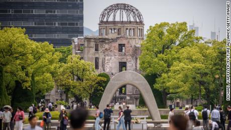 The Hiroshima Peace Memorial Park with the memorial in the foreground and the Genbaku Dome in the background, is central location for the G7 Summit.