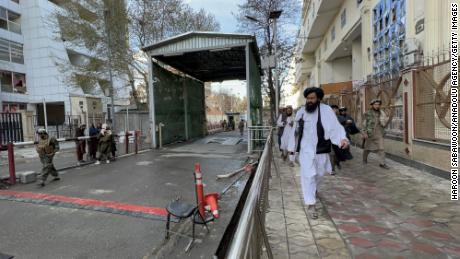 Taliban security forces guard a checkpoint near the foreign ministry in Kabul on March 27, after an ISIS-K suicide bomber struck the site.