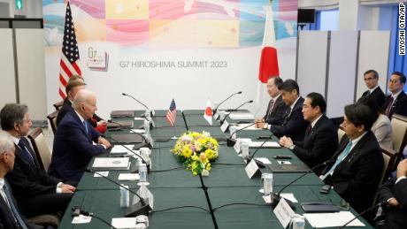 US President Joe Biden sits with Secretary of State Antony Blinken during a bilateral meeting with Japan&#39;s Prime Minister Fumio Kishida in Hiroshima, Japan, on Thursday, May 18. 