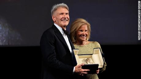 (From left) Harrison Ford and French director of the Cannes film festival Iris Knobloch on Thursday in Cannes, France. 
