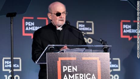Honoree Salman Rushdie speaks on stage at the 2023 PEN America Literary Gala at American Museum of Natural History on May 18, 2023 in New York City. 