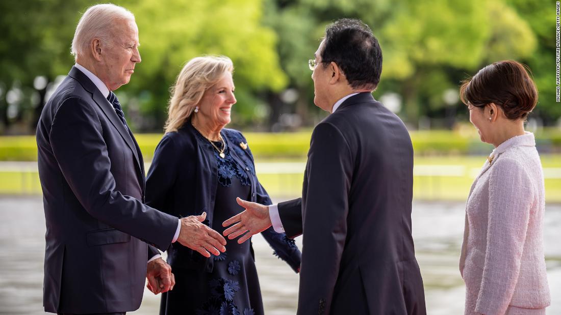 Kishida and his wife Yuko Kishida welcome Biden and first lady Jill to the G7 summit in Hiroshima on May 19.
