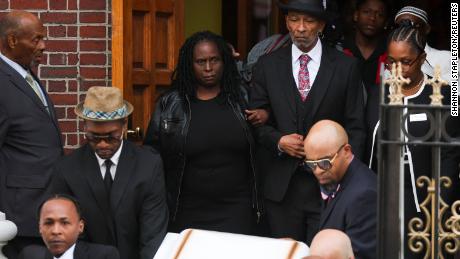 Andre Zachary, Jordan Neely&#39;s father, follows the coffin of his son after the funeral service Friday.