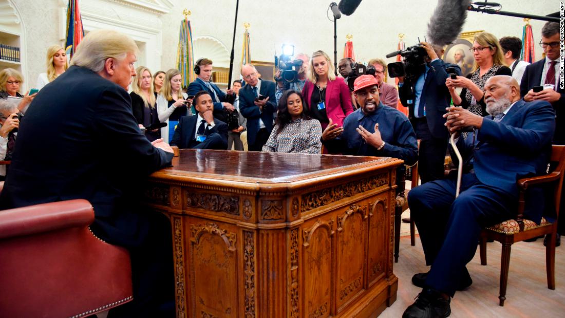 Brown and rapper Kanye West meet US President Donald Trump in the White House Oval Office for a working lunch to discuss the criminal justice system and prison reform in 2018.