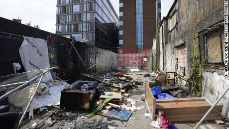 The remains of a camp in Sandwith Street, Dublin, are pictured following a protest earlier this month, where it was dismantled and later set alight.