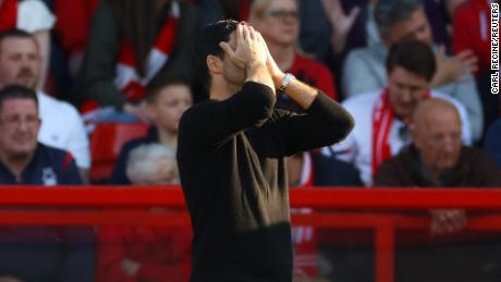 Arsenal manager Mikel Arteta reacts during his team&#39;s defeat against Nottingham Forest. 