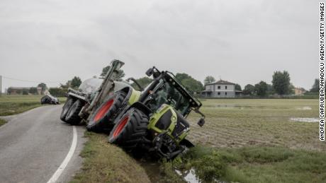 A tractor goes off road after flooding outside Ravenna in the Emilia Romagna region of Italy on May 20.