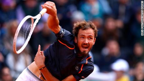 Daniil Medvedev serves during the Italian Open final in Rome -- his first title on clay. 