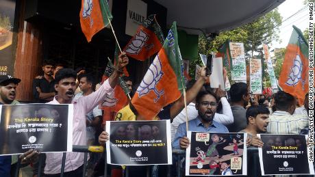 Bharatiya Janata Party activists take part in a demonstration against the West Bengal Government decision to ban &#39;The Kerala Story&#39; movie, in Kolkata, on May 11, 2023.