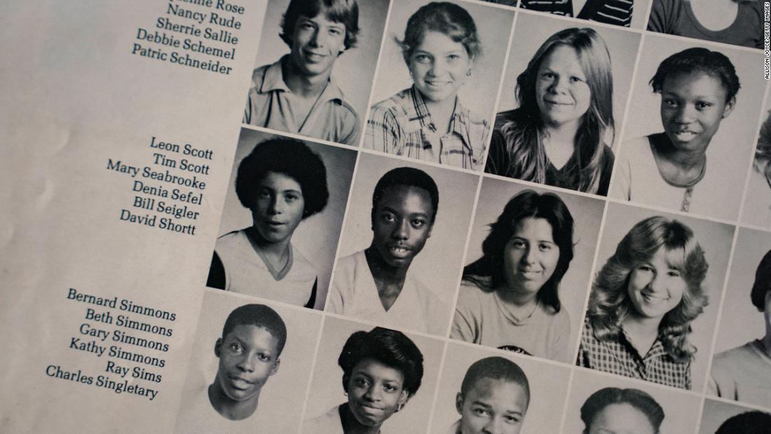 A photo of Scott is seen in a 1981 R. B Stall High School yearbook before an event on May 22, 2023 in North Charleston, South Carolina. Scott graduated in 1983.
