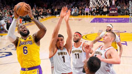 LA Lakers forward LeBron James shoots against the Denver Nuggets on May 22, 2023.