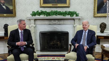 President Joe Biden hosts debt limit talks with House Speaker Kevin McCarthy at the White House on May 22, 2023.