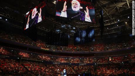 India&#39;s Prime Minister Narendra Modi speaks during an event with members of the local Indian community at the Qudos Arena in Sydney on May 23, 2023. 