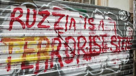 &quot;Ruzzia is a terrorist state&quot; is sprayed on many streets in Tbilisi, spelled using the Russian &quot;Z&quot; sign.
