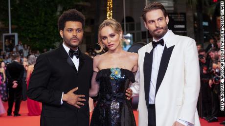 Abel &quot;The Weeknd&quot; Tesfaye, Lily-Rose Depp and Sam Levinson attend the &quot;The Idol&quot; red carpet during the 2023 Cannes Film Festival.