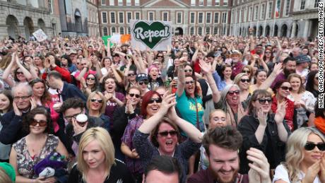 Members of the public celebrate at Dublin Castle after the results of the May 25, 2018 referendum on the 8th Amendment of the Irish Constitution.