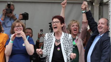 Campaigner Ailbhe Smyth (center) celebrates at Dublin Castle as the results are announced in the referendum on the repeal of the 8th Amendment.