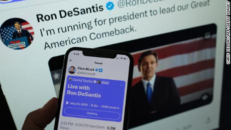 This illustration photo shows the live Twitter talk with Elon Musk on a background of Ron DeSantis as he announces his 2024 presidential run on his Twitter page, May 24, 2023 in Los Angeles, California. Republican Ron DeSantis kicked off his 2024 presidential campaign May 24, 2023 with a live event opposite Twitter boss Elon Musk that descended into farce as it was beset by technical bugs. (Photo by Chris DELMAS / AFP) (Photo by CHRIS DELMAS/AFP via Getty Images)