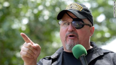 In this 2017 photo, Stewart Rhodes, founder of the citizen militia group known as the Oath Keepers, speaks during a rally outside the White House in Washington, DC.