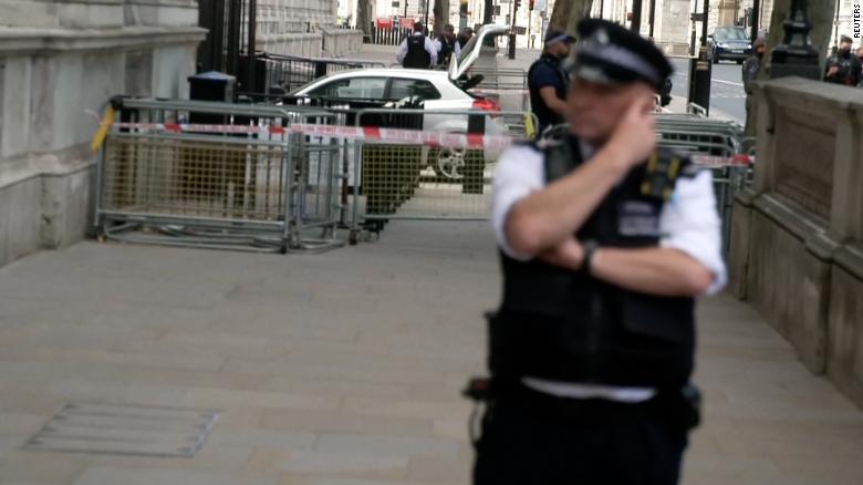 One arrested after car crashes into gate at Downing Street in London