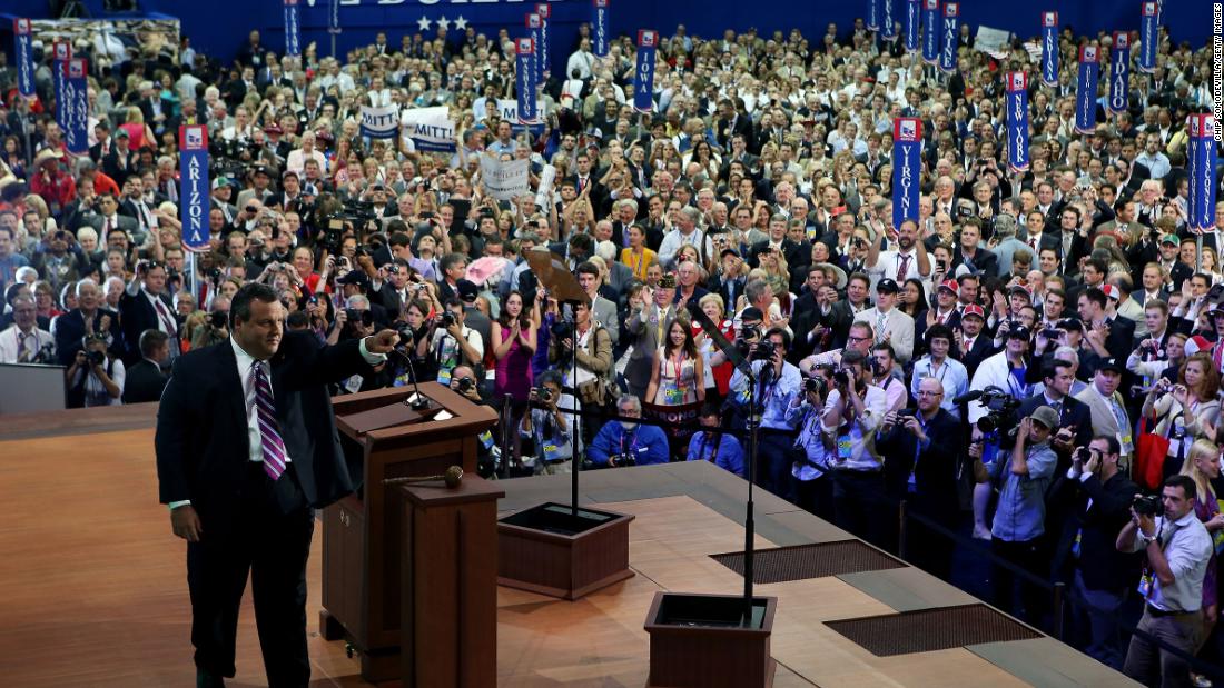 Christie takes the stage to deliver the keynote address on the first night of the Republican National Convention in August 2012. &lt;a href=&quot;http://www.cnn.com/2012/08/29/politics/christie-speech/index.html&quot; target=&quot;_blank&quot;&gt;During his speech&lt;/a&gt;, Christie argued that the American people should focus on ideas rather than rhetoric. He also outlined differences between Republicans and Democrats on governing philosophy while highlighting his bipartisan achievements, such as balancing the state&#39;s budget and reforming the pension and health benefit system.