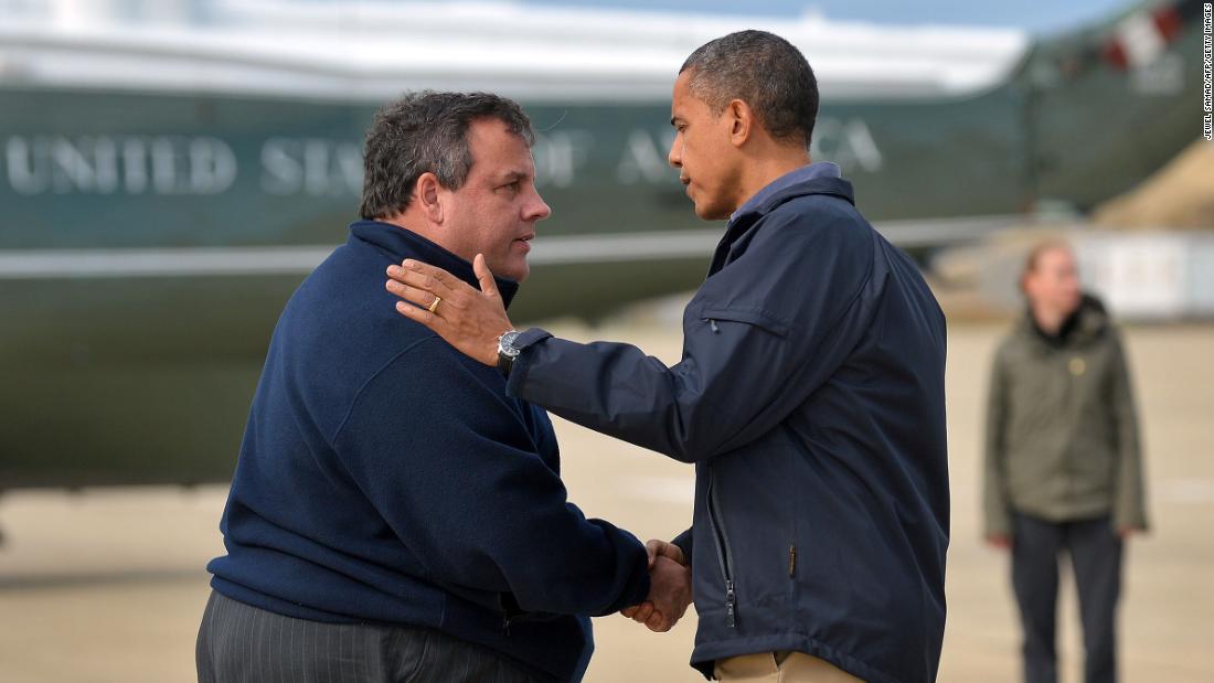 Christie greets President Barack Obama, who arrived in New Jersey to visit areas hit by Hurricane Sandy. The two &lt;a href=&quot;http://politicalticker.blogs.cnn.com/2012/10/31/obama-takes-in-damage-with-christie-in-new-jersey/&quot; target=&quot;_blank&quot;&gt;toured devastated beach towns&lt;/a&gt; together. &quot;I think the people of New Jersey recognize that (Christie) has put his heart and soul into making sure that the people of New Jersey bounce back even stronger than before. I want to thank him for his extraordinary leadership and partnership,&quot; Obama said.