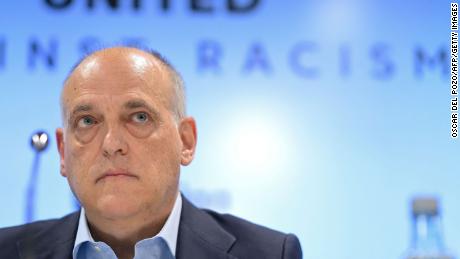 The president of the Spanish football league &#39;La Liga&#39; Javier Tebas looks on as he gives a press conference in Madrid on May 25, 2023 amid an international outcry after racist abuse was hurled at Real Madrid&#39;s Brazilian forward Vinicius Junior during a Spanish league match. The 22-year-old Brazilian forward drew international support after making a stand against the last racist abuse he received from Valencia supporters on May 21. (Photo by OSCAR DEL POZO / AFP) (Photo by OSCAR DEL POZO/AFP via Getty Images)