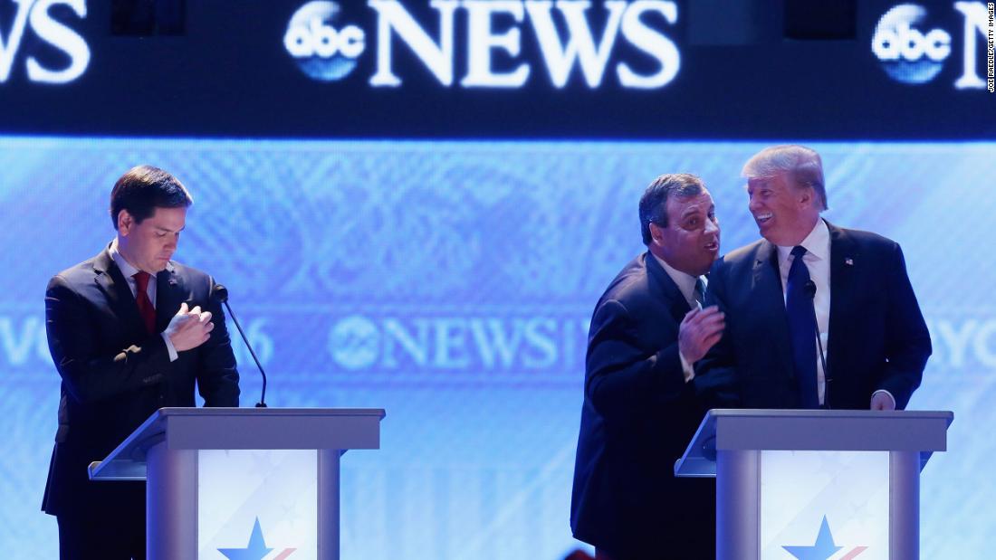 Christie visits with fellow presidential candidate Donald Trump during a commercial break of a Republican debate in February 2016. From the debate&#39;s outset, Christie pestered US Sen. Marco Rubio, left. His relentless attack against Rubio, who was surging in the polls, was one of &lt;a href=&quot;http://www.cnn.com/2016/02/07/politics/republican-debate-takeaways/index.html&quot; target=&quot;_blank&quot;&gt;the memorable takeaways of the night&lt;/a&gt;.