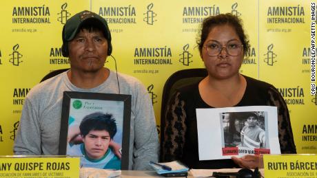 Dany Quispe and Ruth Barcena, who lost their son and husband respectively during different demonstrations against the government of Peruvian President Dina Boluarte, attend a press conference with Amnesty International representatives in Lima, Peru, on February 16, 2023.