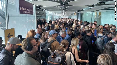 Long queues at Heathrow Terminal 5 on Saturday following a nationwide border system issue. 