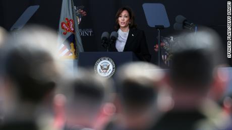 Vice President Kamala Harris delivers the keynote speech at Michie Stadium during West Point&#39;s graduation ceremony on May 27, 2023 in West Point, New York. 